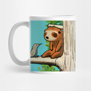 Raccoon chats with bird in tree Mug